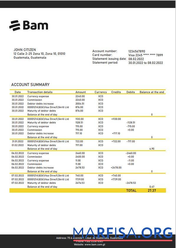Blank Guatemala Agromercantil bank statement word sample